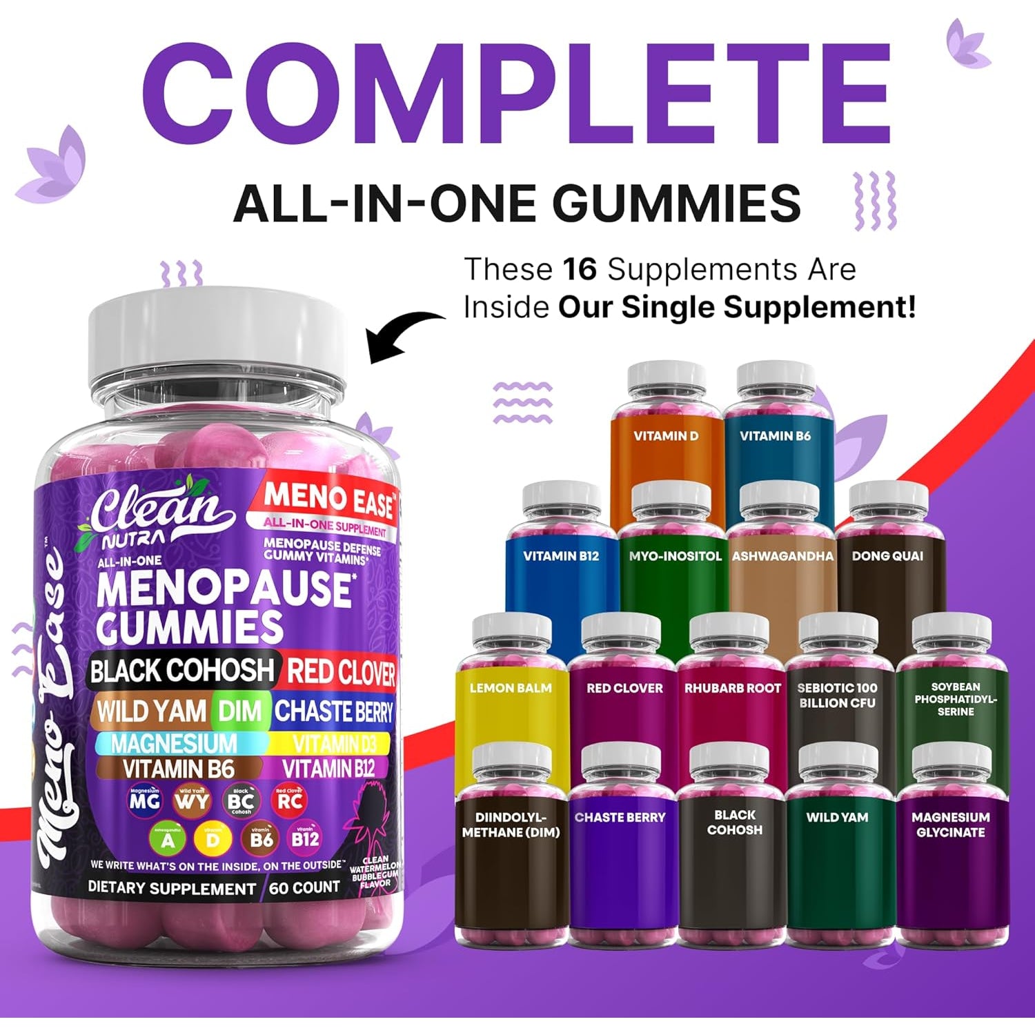 Menopause Supplement for Women Gummies with Black Cohosh, Wild Yam, DIM, Magnesium, Red Clover Chasteberry for Hormone Balance Relief Night Sweats Mood plus Bergamot, Vitamin D3, Vitamin B6 B12