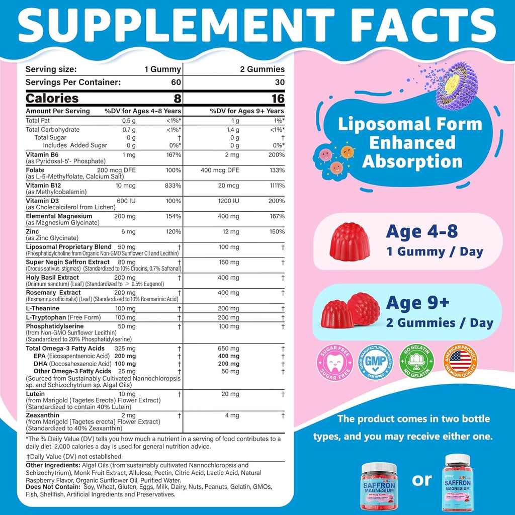 Saffron +Magnesium Glycinate +Omega-3 - Calm Focus Gummies for Kids 4+, Saffron Extract Supplement with L-Theanine, Holy Basil, Rosemary, B6, D3 for Happy Mood, Cognition, Zzz, Sugar Free, 2 Pack