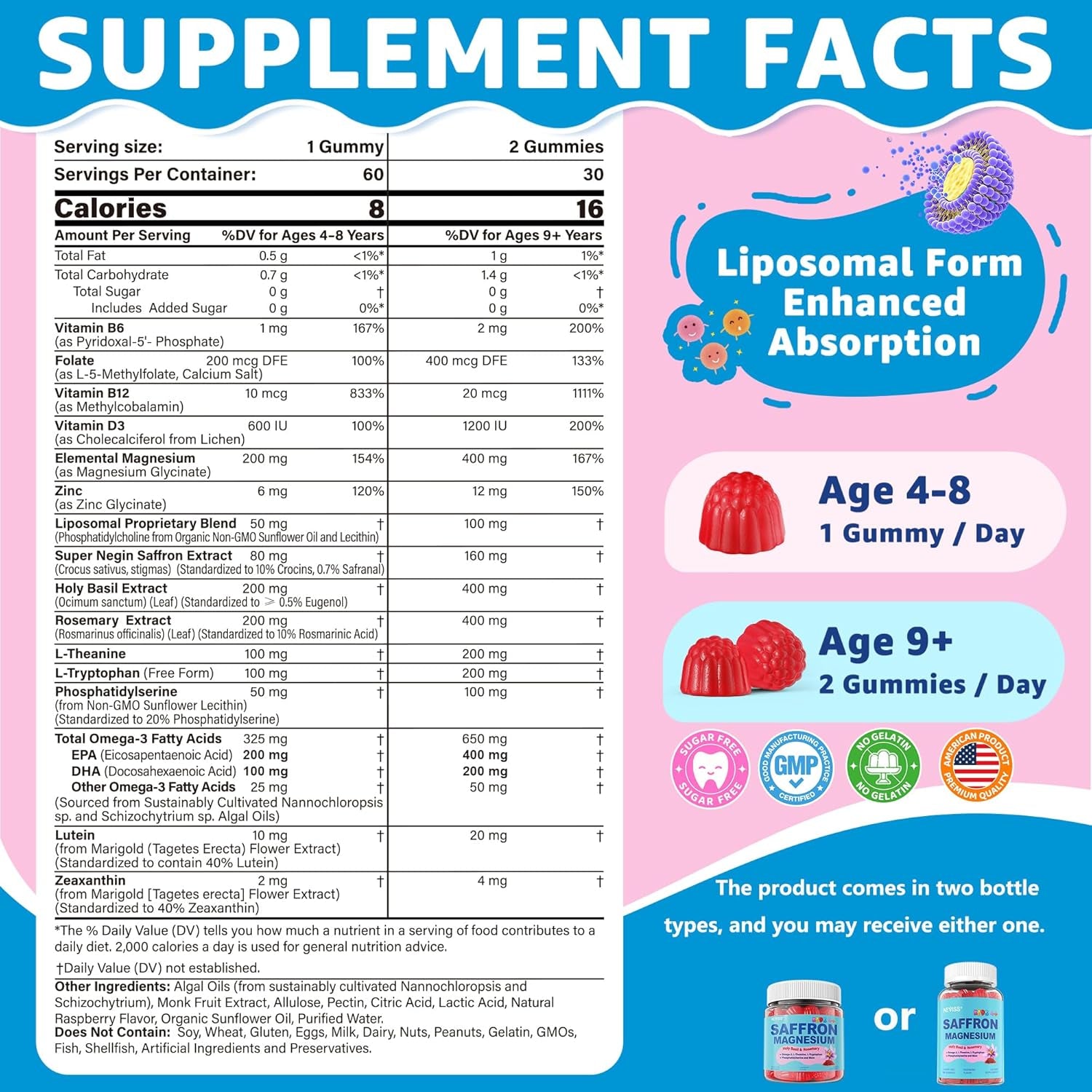 Saffron +Magnesium Glycinate +Omega-3 - Calm Focus Gummies for Kids 4+, Saffron Extract Supplement with L-Theanine, Holy Basil, Rosemary, B6, D3 for Happy Mood, Cognition, Zzz, Sugar Free, 2 Pack