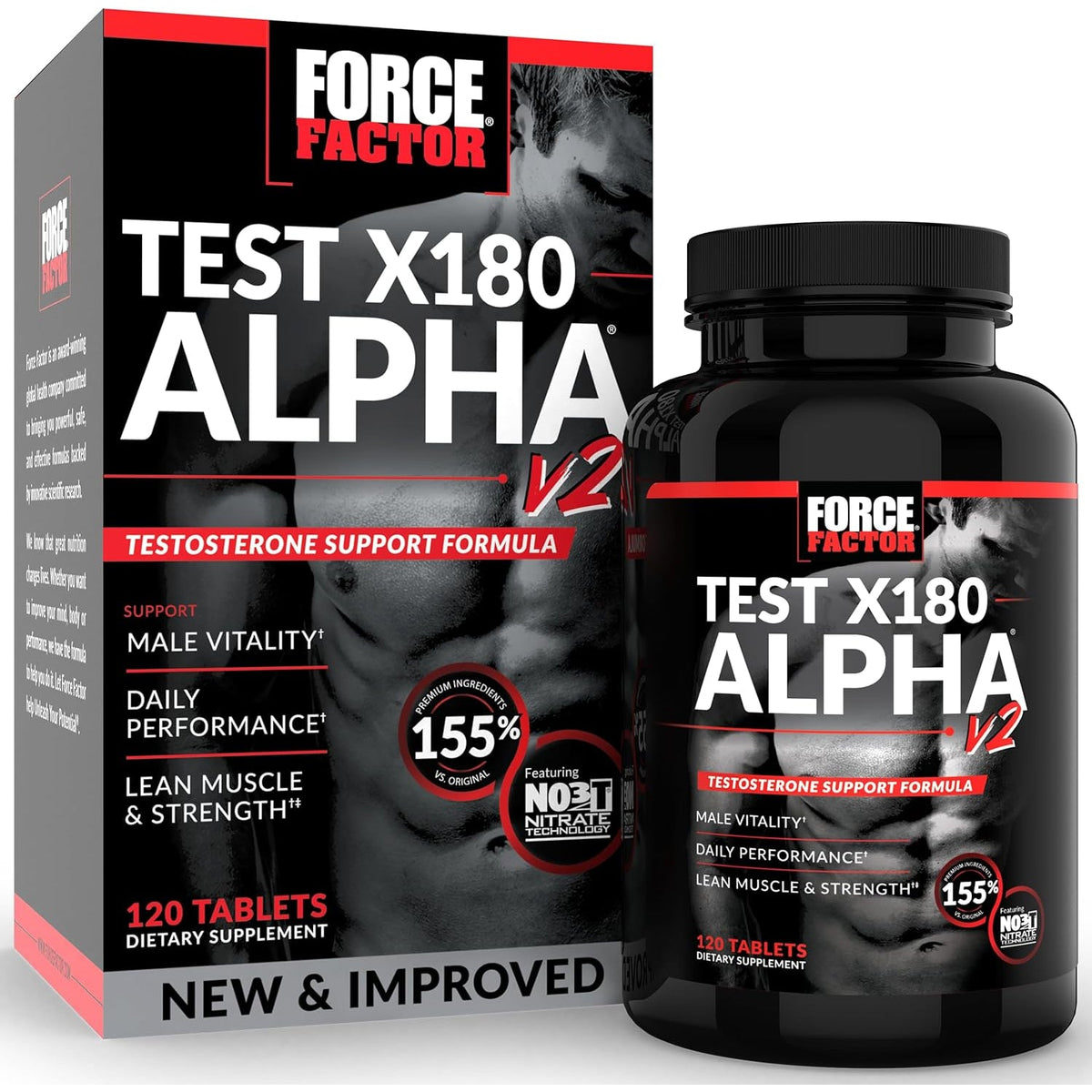 Force Factor Test X180 Alpha V2 T-Support for Men, T-Supplement to Help Build Strength, Boost Nitric Oxide, and Support Daily Performance, 120 Tablets