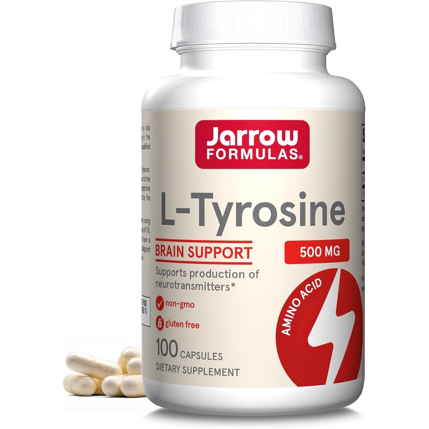 Jarrow Formulas® L-Tyrosine 500 Mg, Dietary Supplement, Amino Acid Supplement for Brain Health Support, 100 Capsules, 100 Day Supply