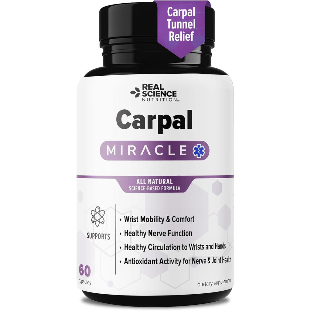 Real Science Carpal Miracle – All Natural Carpal Tunnel Relief & Wrist Support Supplement with Vitamins B6, B12, C, D, K + GABA – Hand & Nerve Comfort – Made in USA, 60 Caps