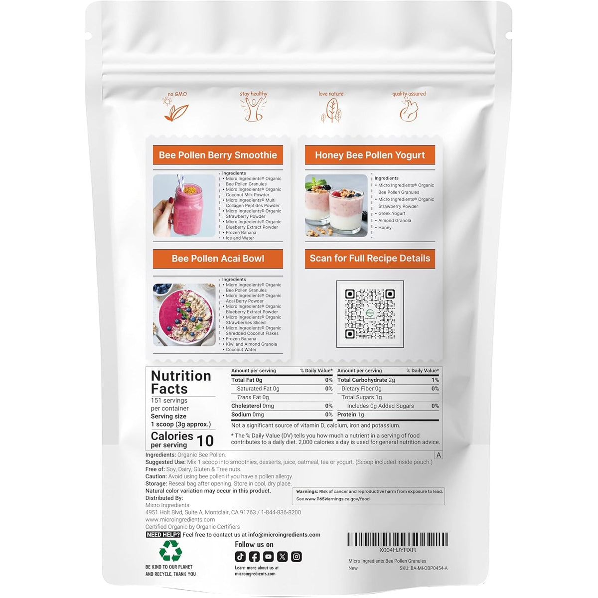 Micro Ingredients Organic Bee Pollen Granules, 1 Lb | Fresh Harvest, Raw & Natural Superfood | Rich in B Vitamins, Minerals, Protein & Antioxidants | Keto, Non-Gmo