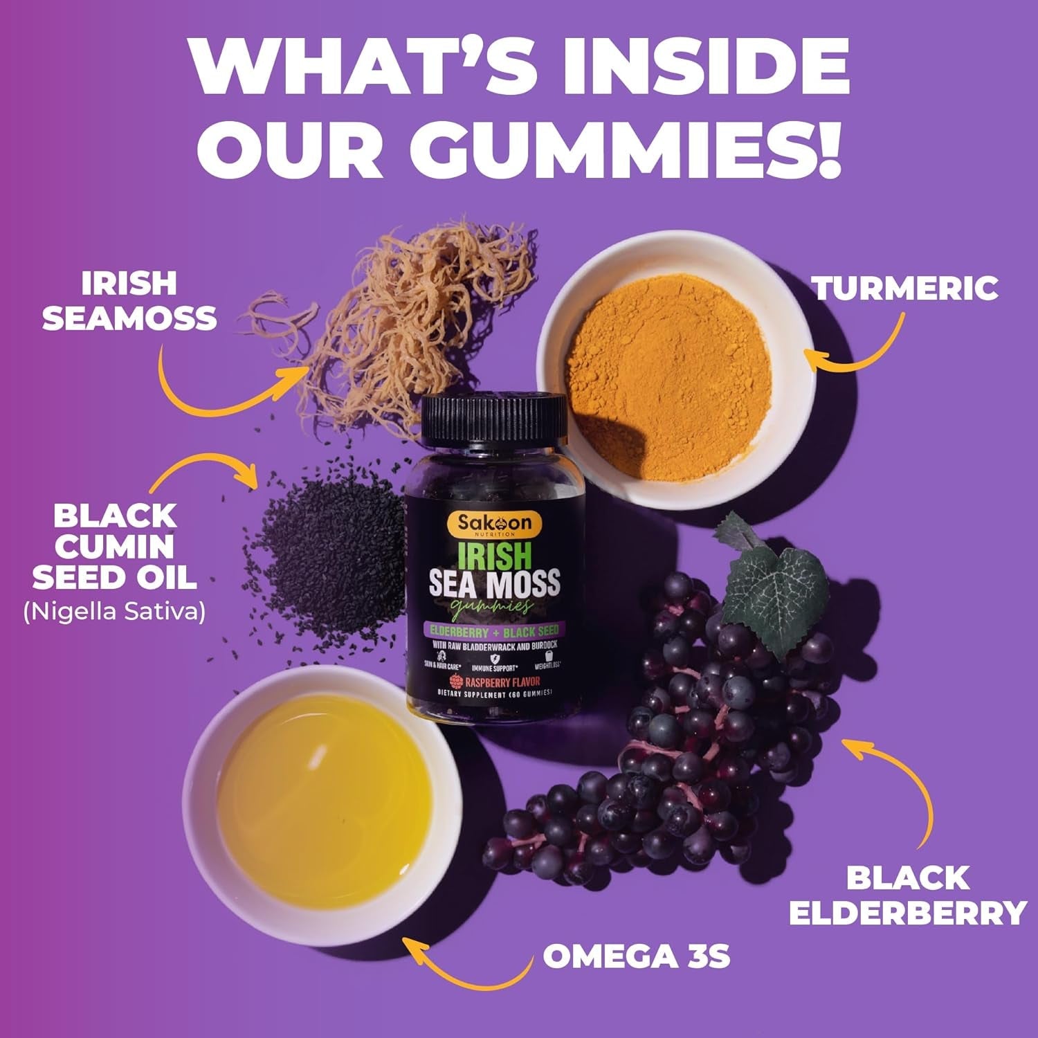 Sakoon Nutrition Irish Sea Moss Gummies with Elderberry & Black Seed Oil - Raspberry Flavor - 60 Gummies