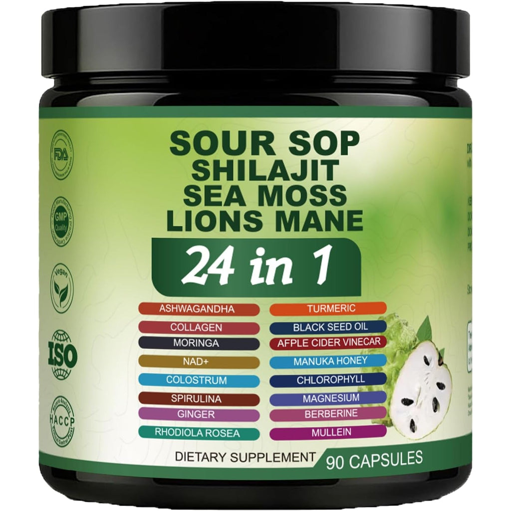 Soursop Capsules - 24 in 1 Graviola Soursop Capsules with Shilajit, Sea Moss, Lions Mane, Turmeric, Ashwagandha, Vegan, Ginger & Manuka Honey and More, Non-Gmo, 90Capsules