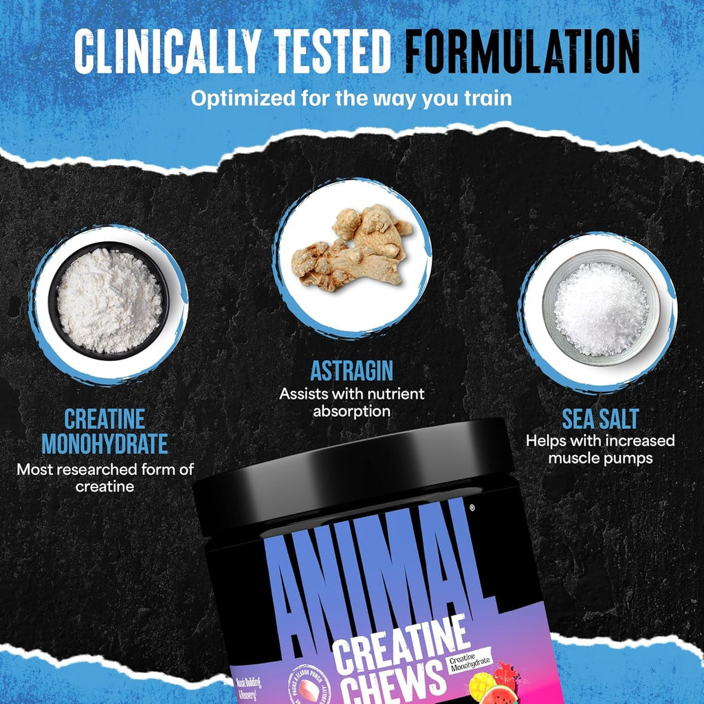 Animal Creatine Chews Tablets - Enhanced Creatine Monohydrate with Astragin to Improve Absorption, Sea Salt for Added Pumps, Delicious and Convenient Chewable Tablets - Fruit Punch