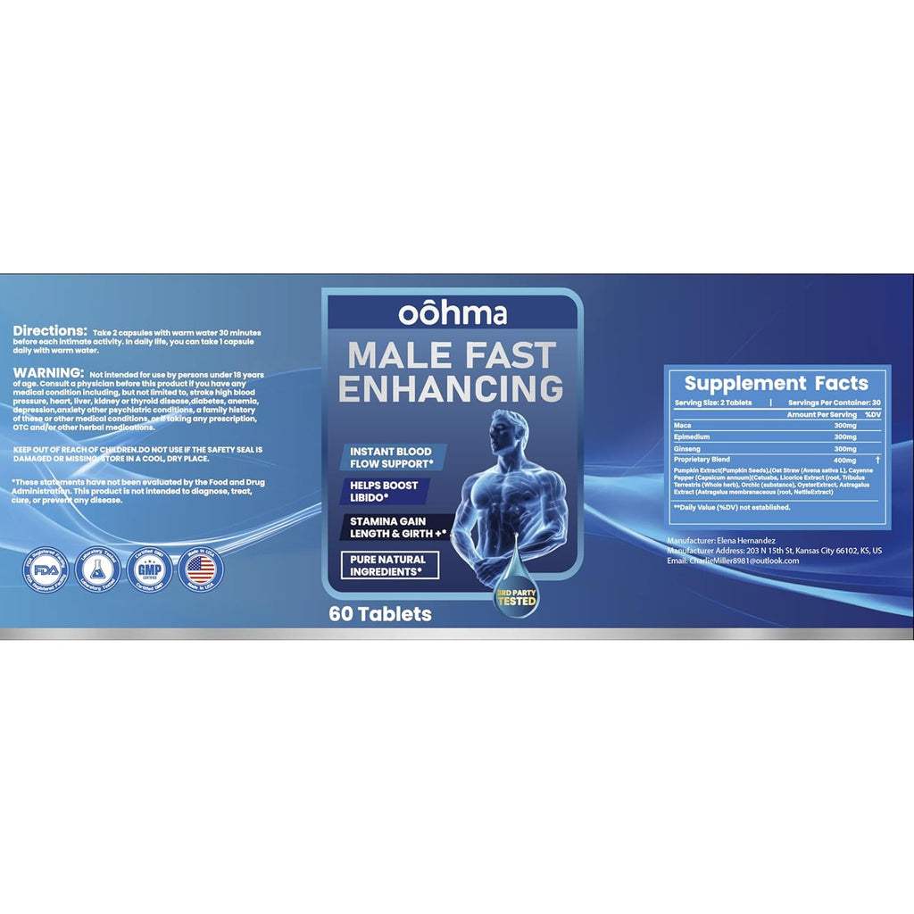 New Male Enhancing Supplement, Designed to Be Fast Acting for Blood Flow to Gain Length & Girth + Stamina, Maca, Epimedium, and Other Natural Ingredients, 3Rd Party Tested Supplement 60 Tablets