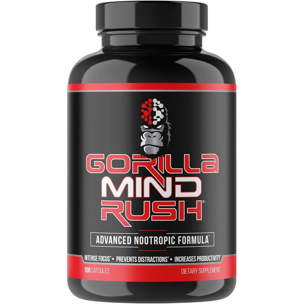 Gorilla Mind Rush - Nootropic Supplement | Intense Focus · Insane Productivity Cognitive Health Support, Memory, Focus, Concentration, Clarity | 150 Capsules