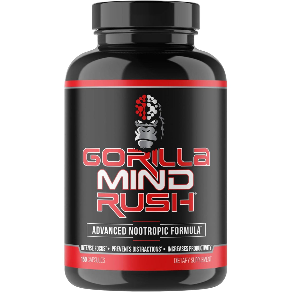 Gorilla Mind Rush - Nootropic Supplement | Intense Focus · Insane Productivity Cognitive Health Support, Memory, Focus, Concentration, Clarity | 150 Capsules