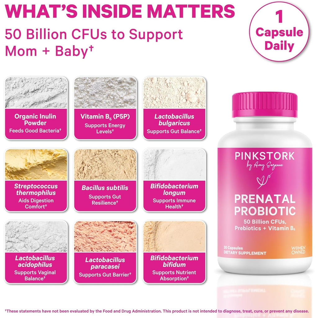 Pink Stork Prenatal Probiotic for Women with 50 Billion CFU | Vitamin B6 & Prebiotics | Pregnancy Probiotics for Morning Sickness | Digestive, Immune, & Gut Health | Vegan & Gluten-Free | 30 Capsules