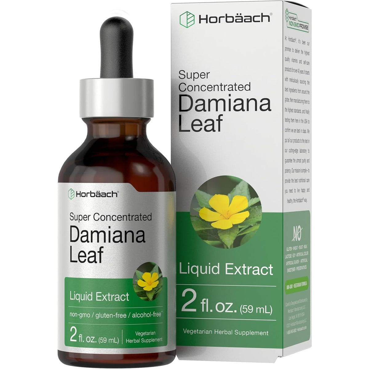 Horbäach Damiana Leaf Herb Tincture | 2 Fl Oz | Super Concentrated | Alcohol Free Liquid Extract | Vegetarian, Non-Gmo & Gluten Free Herbal Supplement