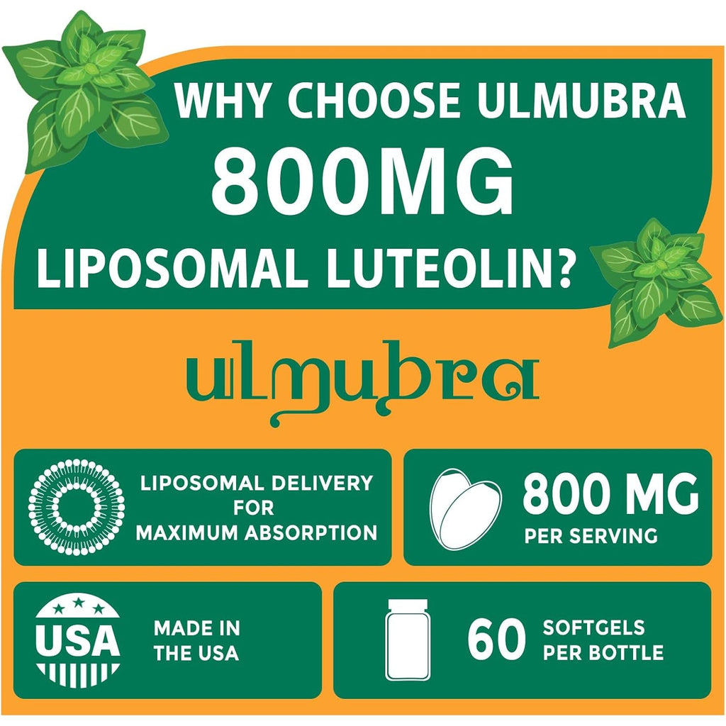 Ulmubra 800 MG Liposomal Luteolin Supplement - Maximum Absorption, Premium Antioxidant Supplement for Brain & Overall Well-Being, 60 Softgels - 30-Day Supply
