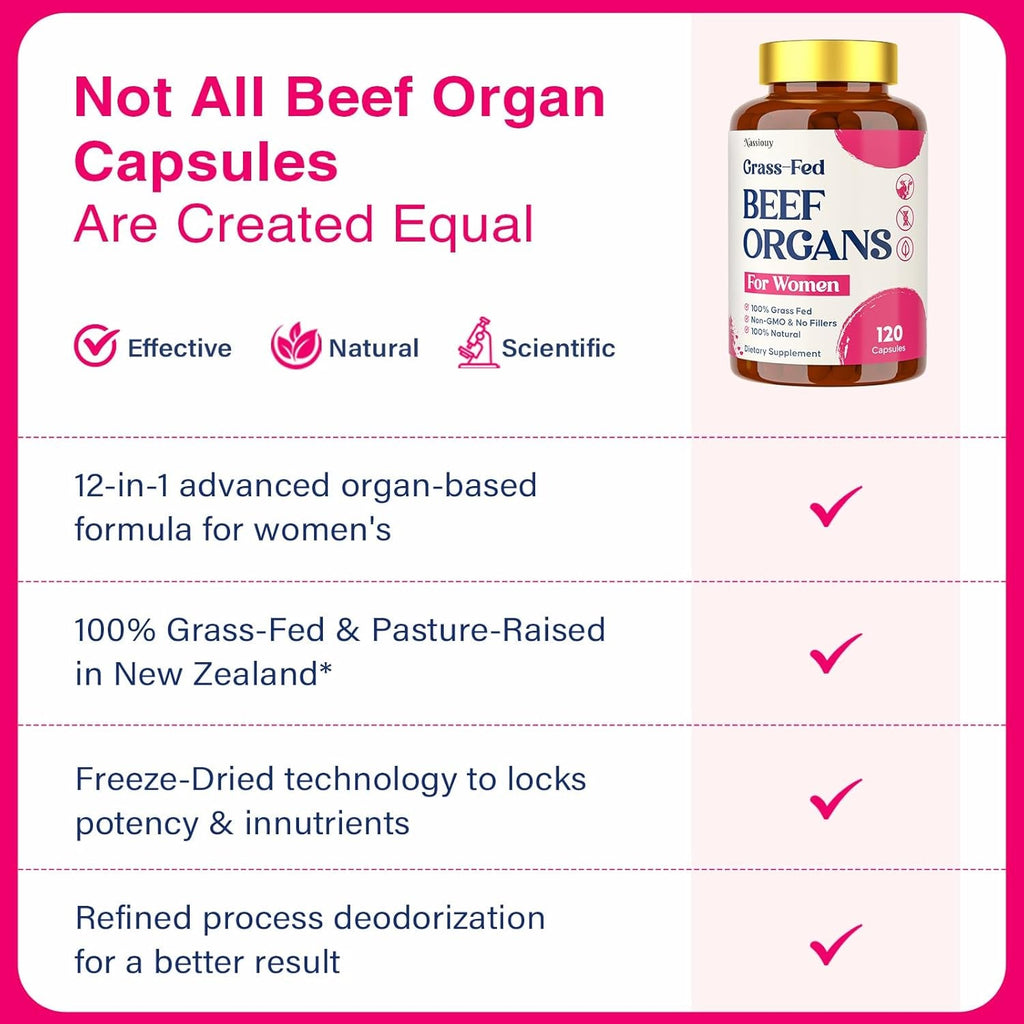 12-In-1 Beef Organ Supplement for Women - Beef Liver, Uterus, Kidney, Heart, Pancreas, 5 Vitamins & 2 Herbs, Hormone Balance, Menstruation, Energy, Immune - 100% Grass Fed, Pasture Raise - 120 Caps