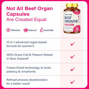 12-In-1 Beef Organ Supplement for Women - Beef Liver, Uterus, Kidney, Heart, Pancreas, 5 Vitamins & 2 Herbs, Hormone Balance, Menstruation, Energy, Immune - 100% Grass Fed, Pasture Raise - 120 Caps
