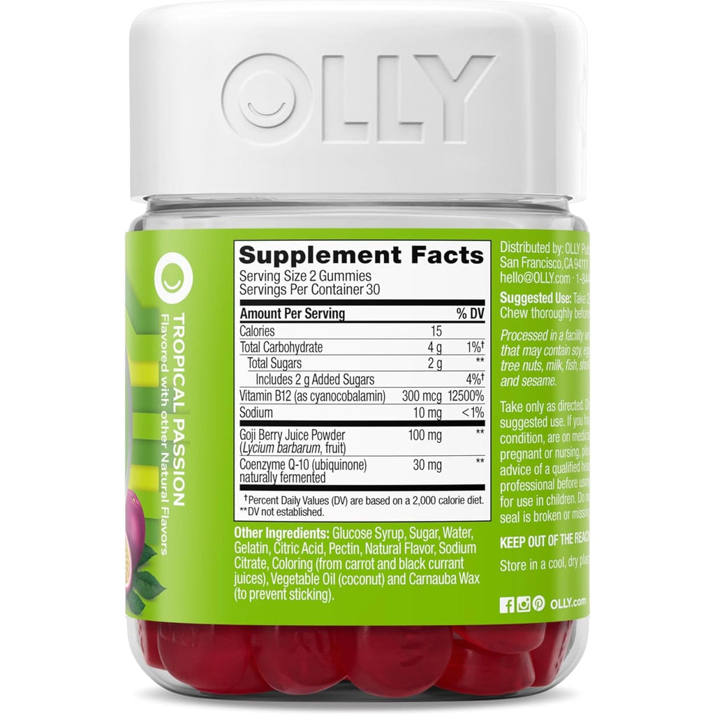 OLLY Daily Energy Gummy, Caffeine Free, Vitamin B12, Coq10, Goji Berry, Adult Chewable Supplement, Tropical Flavor - 60 Count