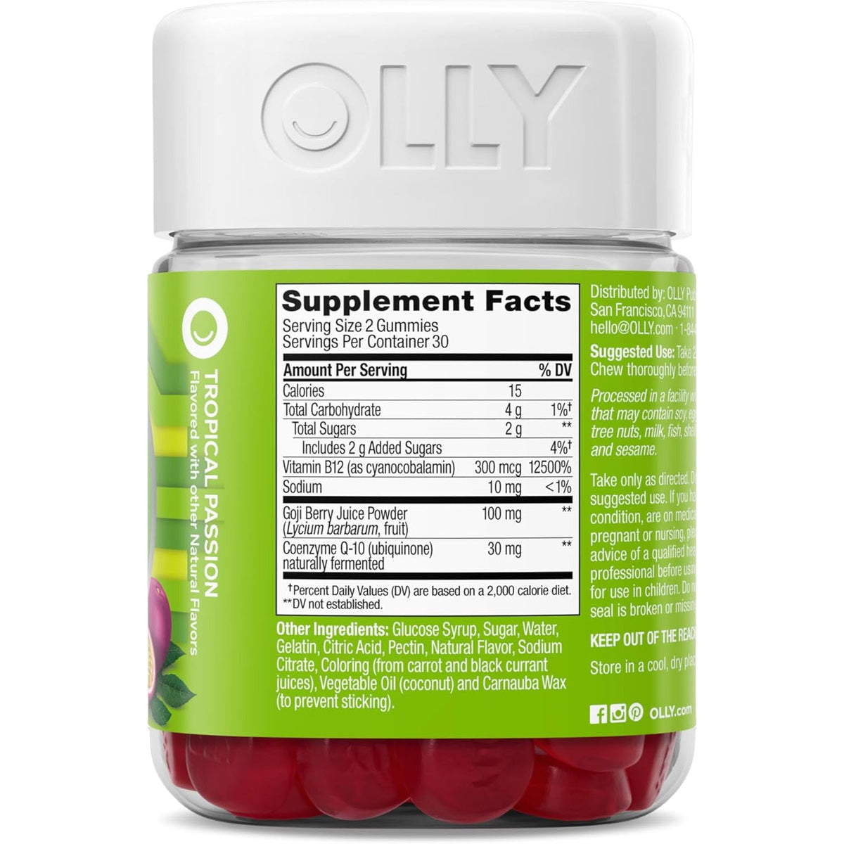 OLLY Daily Energy Gummy, Caffeine Free, Vitamin B12, Coq10, Goji Berry, Adult Chewable Supplement, Tropical Flavor - 60 Count