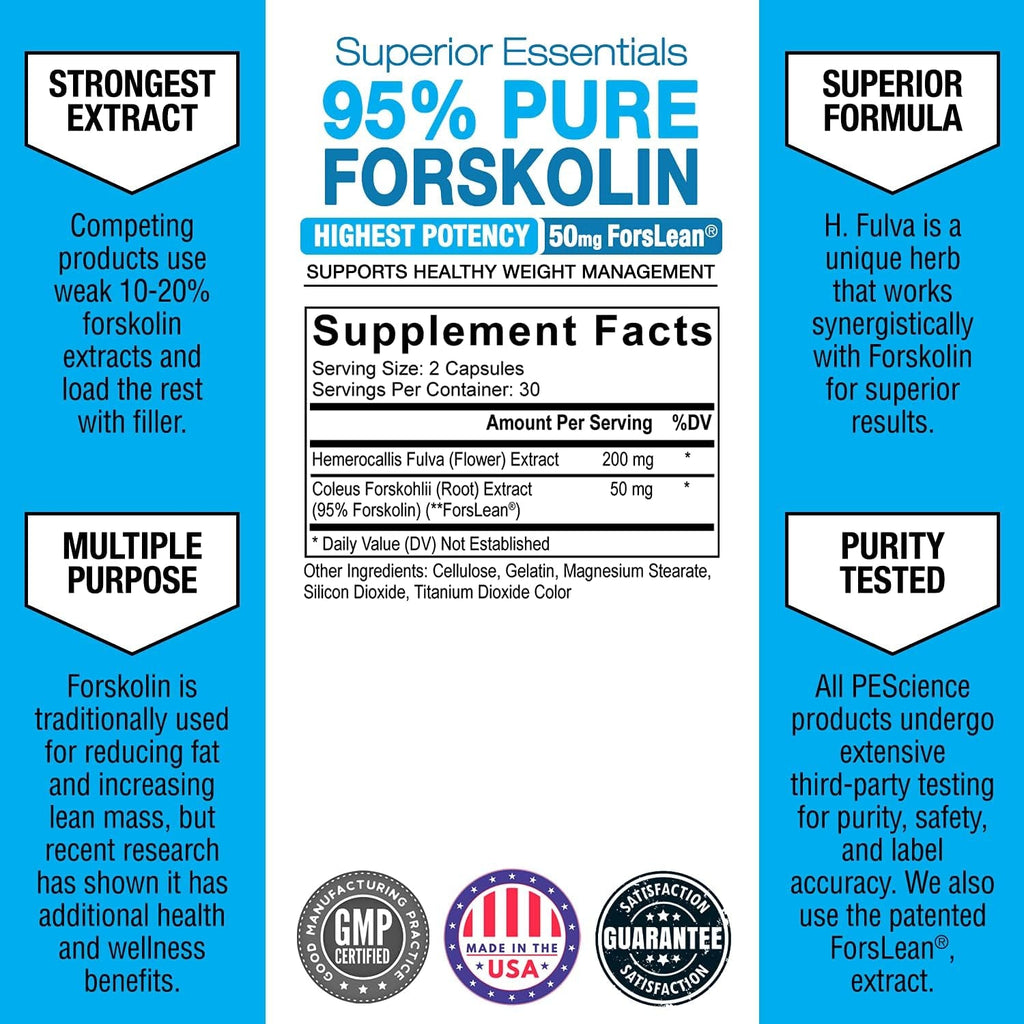 Pescience Forskolin-95+ Capsules, 95% Pure Forskolin from Coleus Forskohlii Extract with Hemerocallis Fulva Extract, Patented Forslean, 50Mg, 60 Count