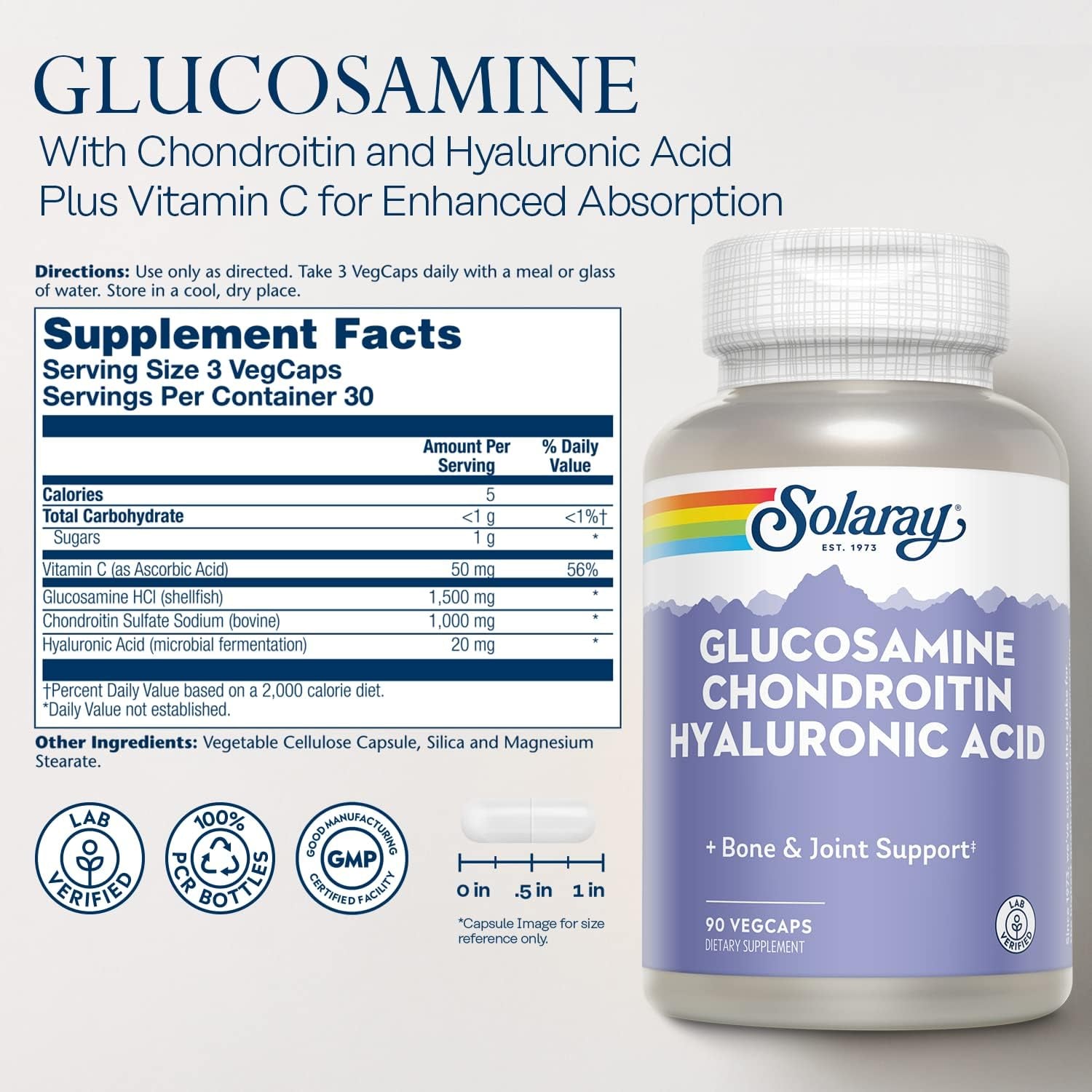 SOLARAY Glucosamine Chondroitin and Hyaluronic Acid, 1500Mg/1000Mg/20Mg 90 Capsules