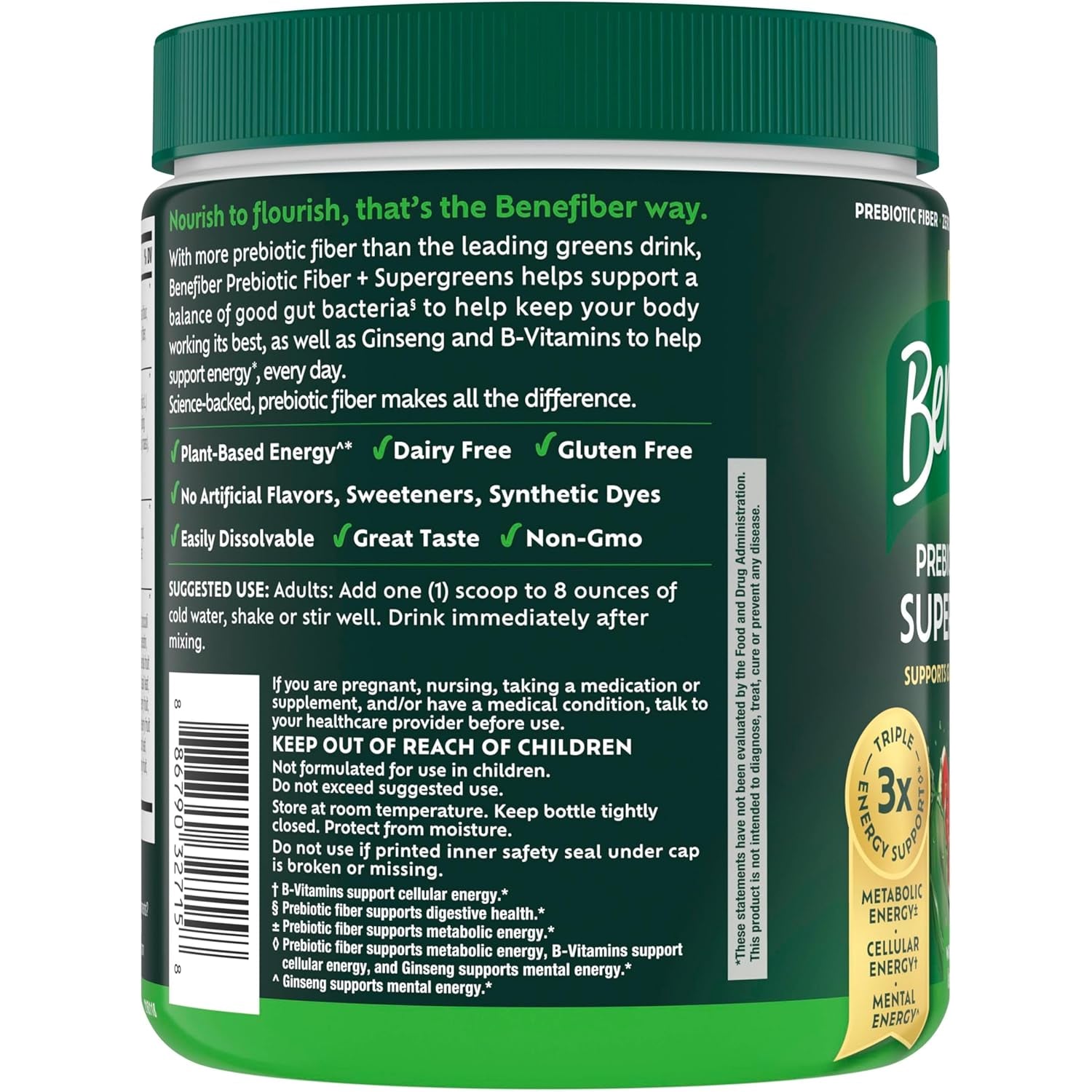 Benefiber Prebiotic GLP-1 Friendly Fiber + Supergreens Dietary Supplement Powder, Watermelon Lemonade Flavor, 8.8 Oz (250G)
