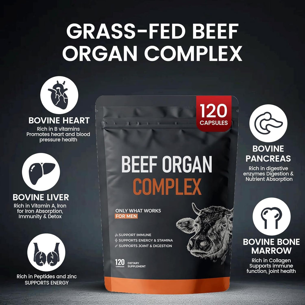 Beef Organ Complex Supplement, 120 Capsules Grass Fed Beef Liver Capsules, Immune Support, Gluten Free, Non-Gmo (1)