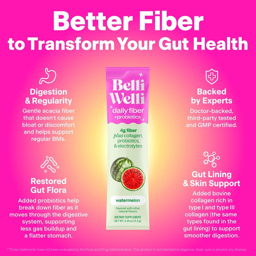 Belli Welli Daily Fiber Supplement Packets with Collagen, Probiotics & Electrolytes | Single Serve Packets for Gut Health, Digestion & Debloating | Variety | 10 Count