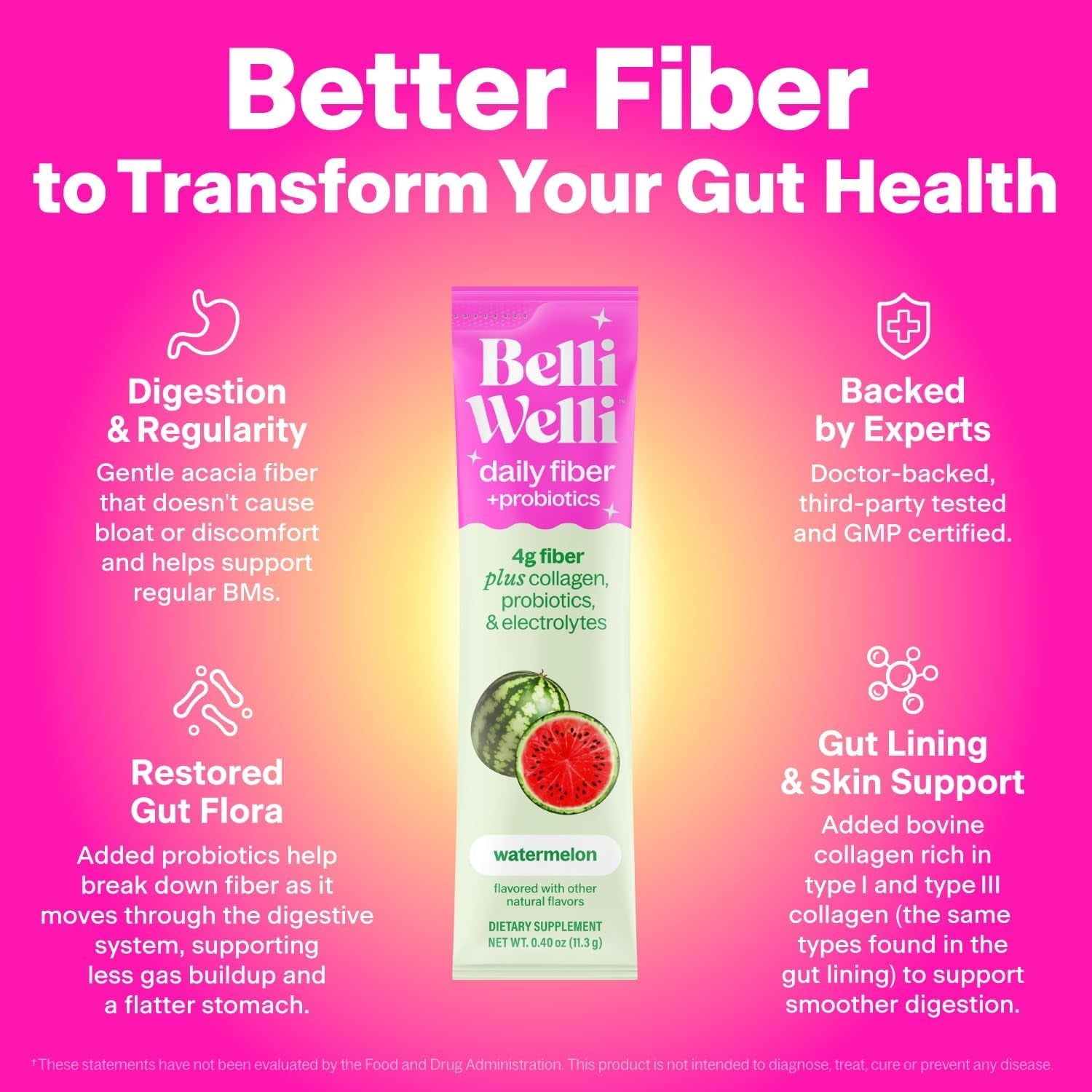 Belli Welli Daily Fiber Supplement Packets with Collagen, Probiotics & Electrolytes | Single Serve Packets for Gut Health, Digestion & Debloating | Variety | 10 Count