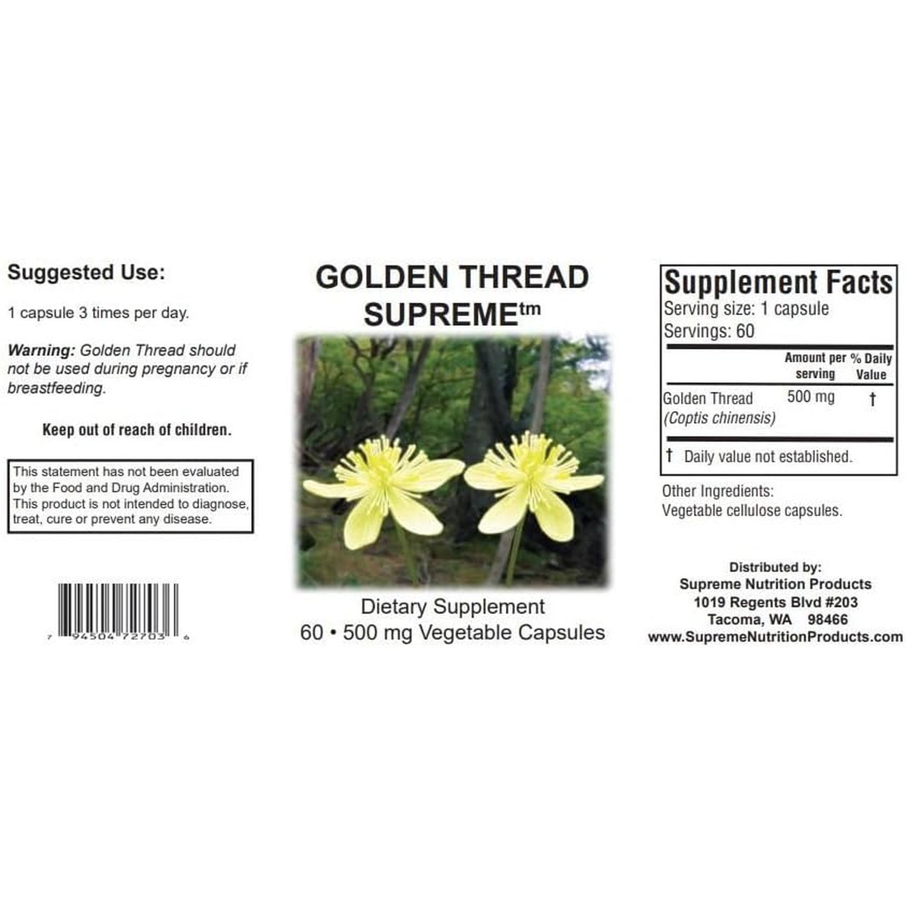Supreme Nutrition Golden Thread Supreme, 60 Pure Coptis Chinensis Vegetarian Capsules