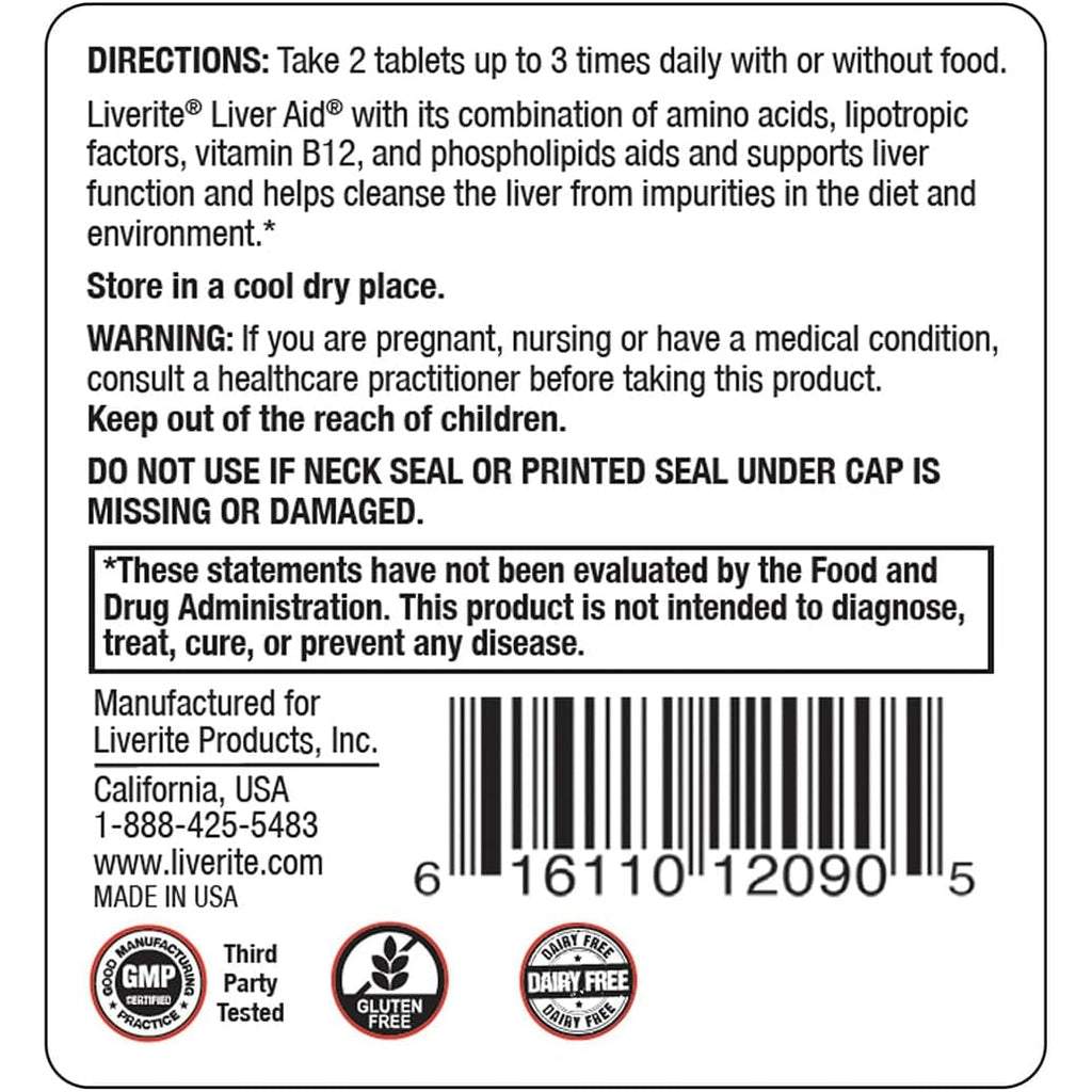 LIVERITE Liver Aid 2-Pack 120 Tablets (Total 240Ct) Supports Healthy Liver Function, Cleansing, Energy & Daily Wellness