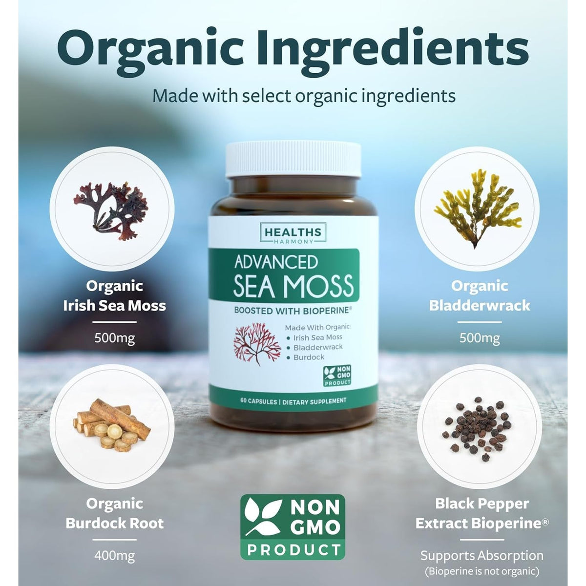 Organic Irish Sea Moss Capsules - Organic Sea Moss Capsules with Bladderwrack Burdock Root and Black Pepper Extract for Enhanced Absorption - Vegan Non-Gmo & Made in the USA (1 Month Supply)