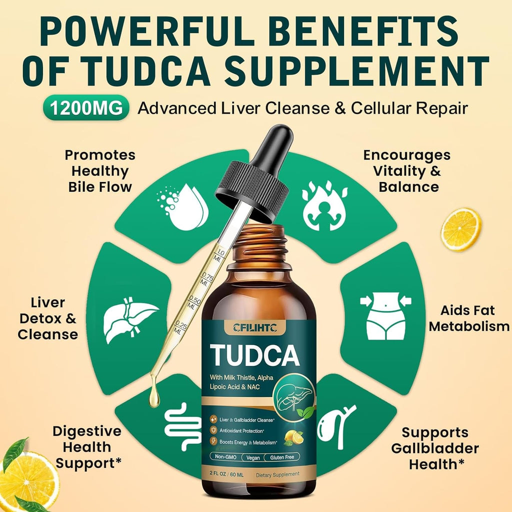 TUDCA Bile Salts 1200Mg Liquid Drops - Advanced Tudca Liver Supplement with ALA, NAC & Glutathione for Bile Flow, Gallbladder Health & Antioxidant Defense, High-Absorption, Lemon 2 Fl Oz