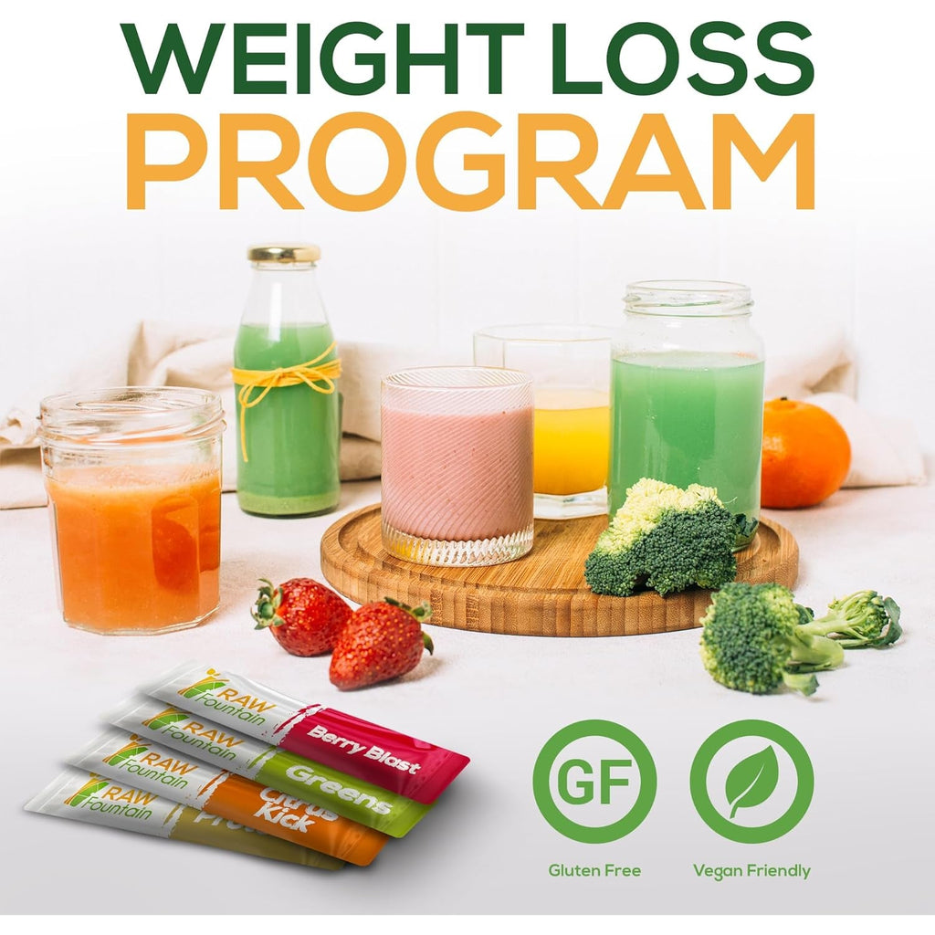 Raw Fountain 3 Day Juice Cleanse Detox, 24 Powder Packets, Travel and Vegan Friendly, 4 All Natural Flavors, Includes Protein (3 Day)
