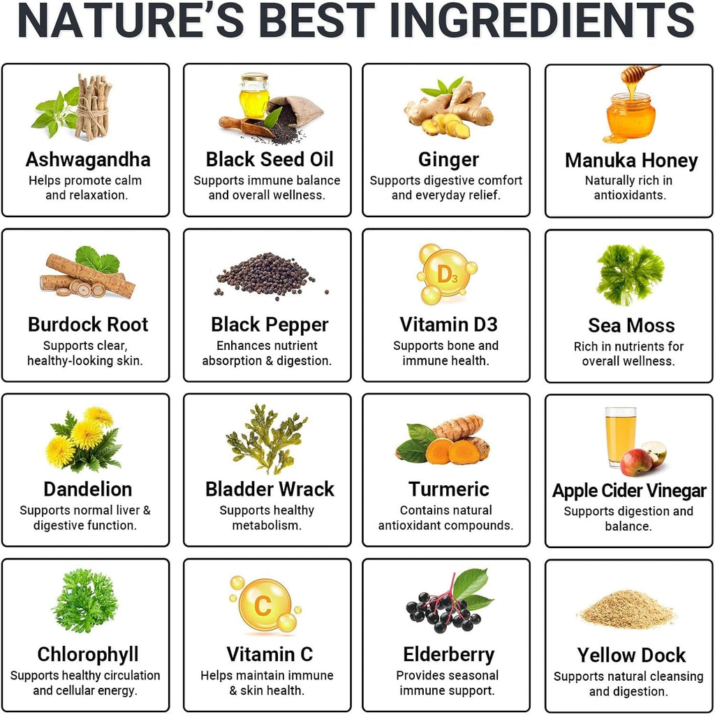 Sea Moss Gummies 16-In-1 - Ashwagandha Black Seed Oil Bladder Wrack Turmeric Vitamin C & D3 with Manuka Burdock Root Dandelion Yellow Dock Natural Detox & Liver Health Immune Support, Energy Boost