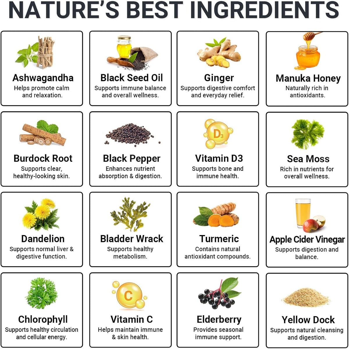 Sea Moss Gummies 16-In-1 - Ashwagandha Black Seed Oil Bladder Wrack Turmeric Vitamin C & D3 with Manuka Burdock Root Dandelion Yellow Dock Natural Detox & Liver Health Immune Support, Energy Boost