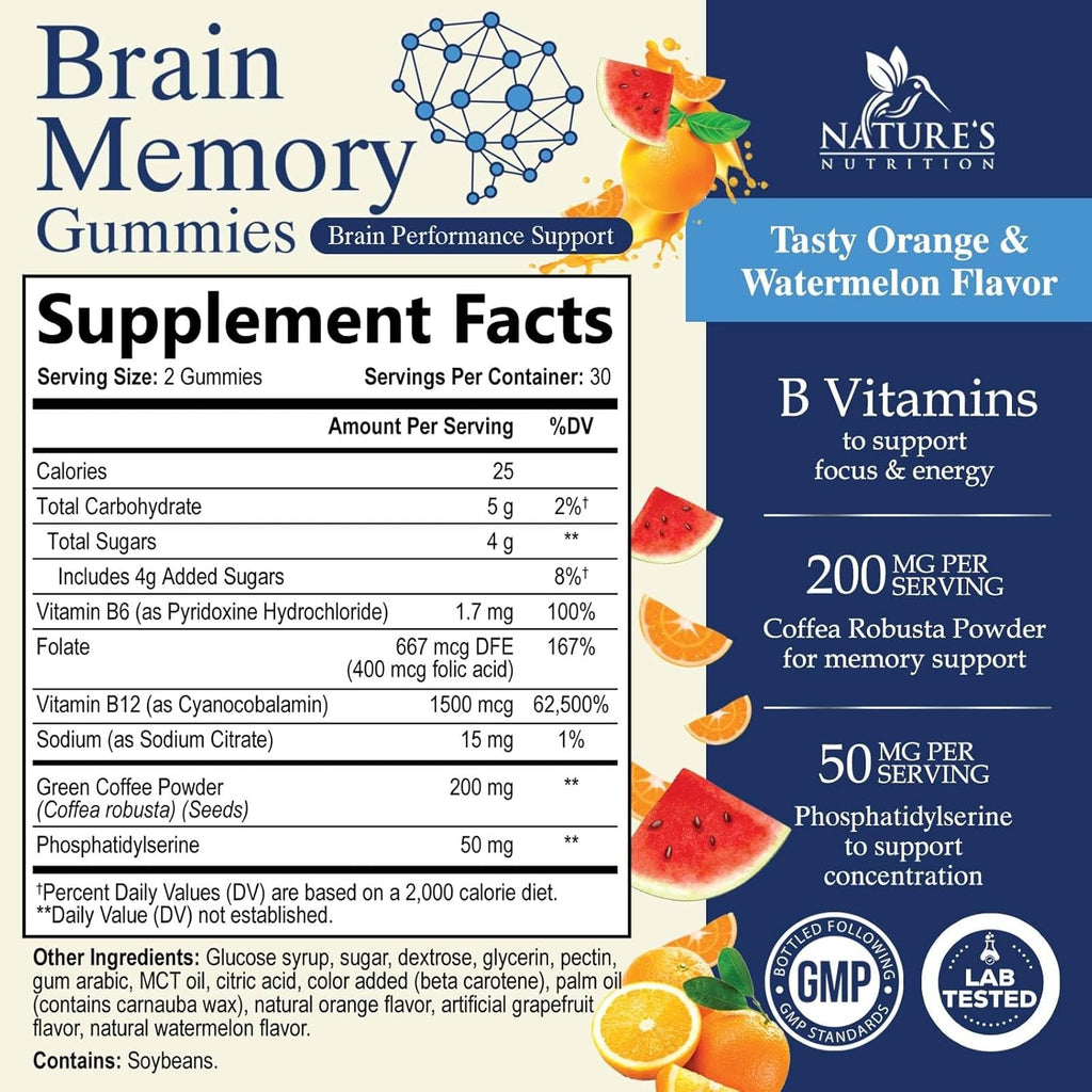 Brain Supplements Gummies - 3X Strength Brain Gummy Vitamin plus Nootropics for Memory, Focus, Concentration - Phosphatidylserine, B6, B12 & Nootropic, Clarity Support Supplement - 60 Gummies