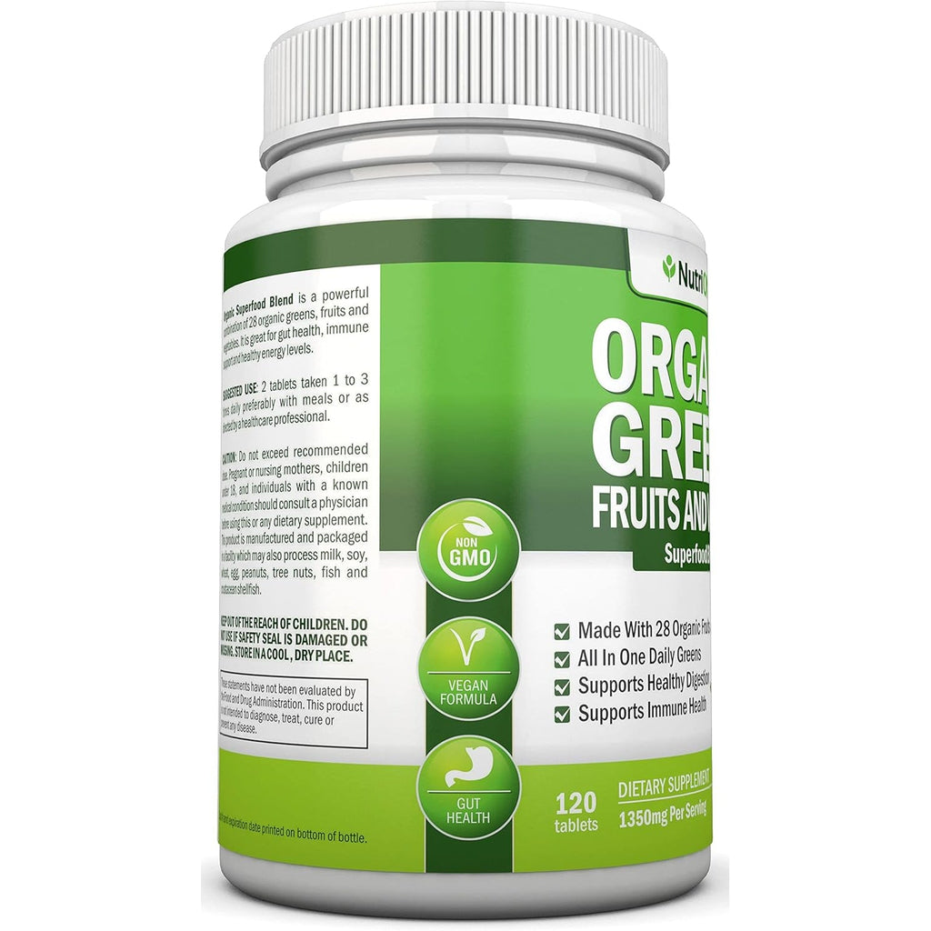 Organic Super Greens Capsules - Fruit and Vegetable Supplements - 120 Count - 28 USDA Organic & Vegan Premium Ingredients - Superfood Blend for Immune Health, Digestion & Energy - Whole Food Vitamins