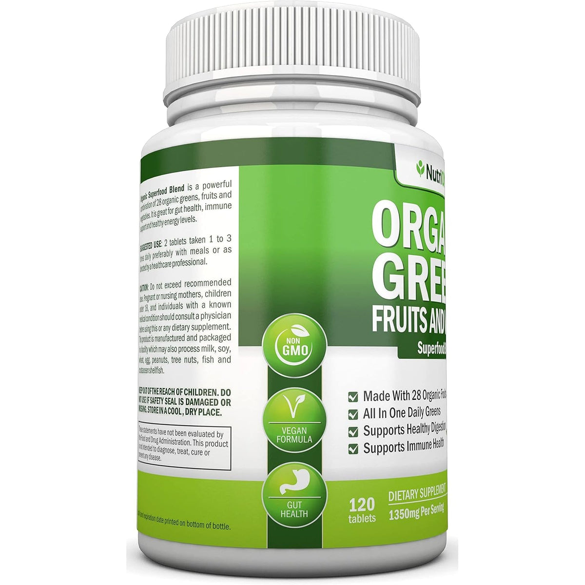 Organic Super Greens Capsules - Fruit and Vegetable Supplements - 120 Count - 28 USDA Organic & Vegan Premium Ingredients - Superfood Blend for Immune Health, Digestion & Energy - Whole Food Vitamins