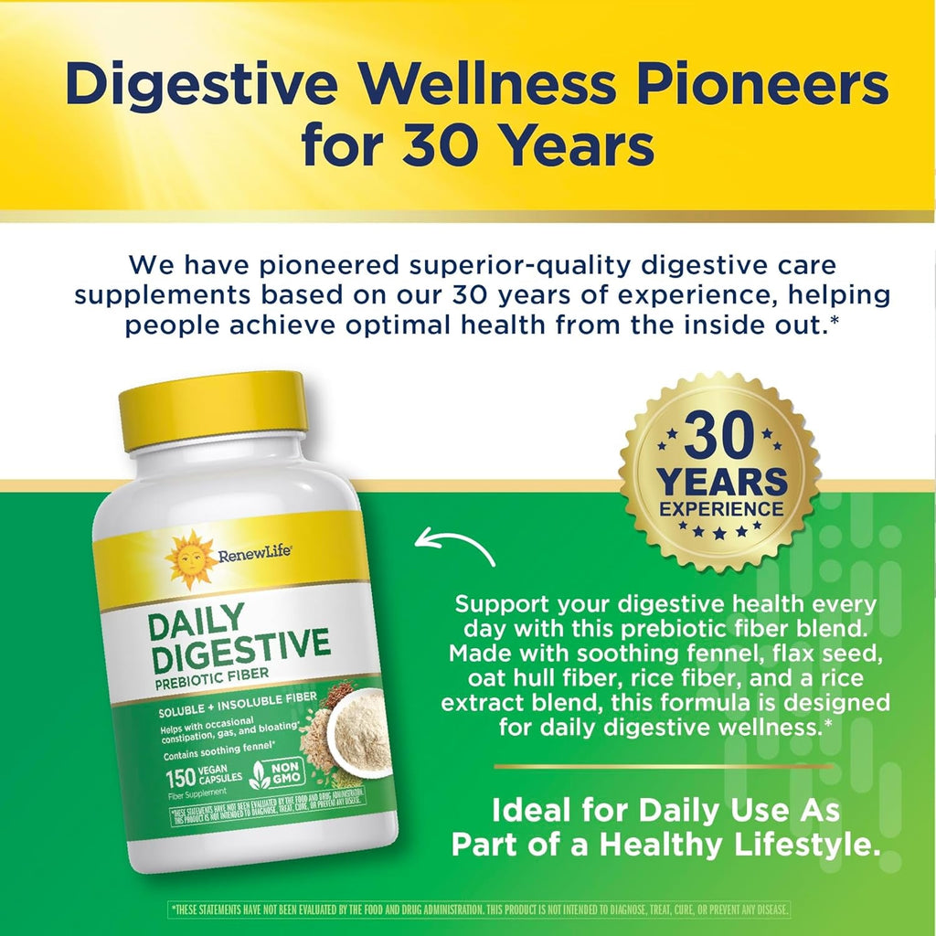 Renew Life Adult Daily Digestive Prebiotic Fiber, 150 Vegetarian Capsules (Package May Vary)