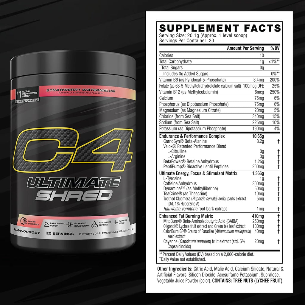 Cellucor C4 Ultimate Shred Pre Workout Powder, Fat Burner for Men & Women, Weight Loss Supplement with Ginger Root Extract, Strawberry Watermelon, 20 Servings, 12.3 Ounce (Pack of 1)
