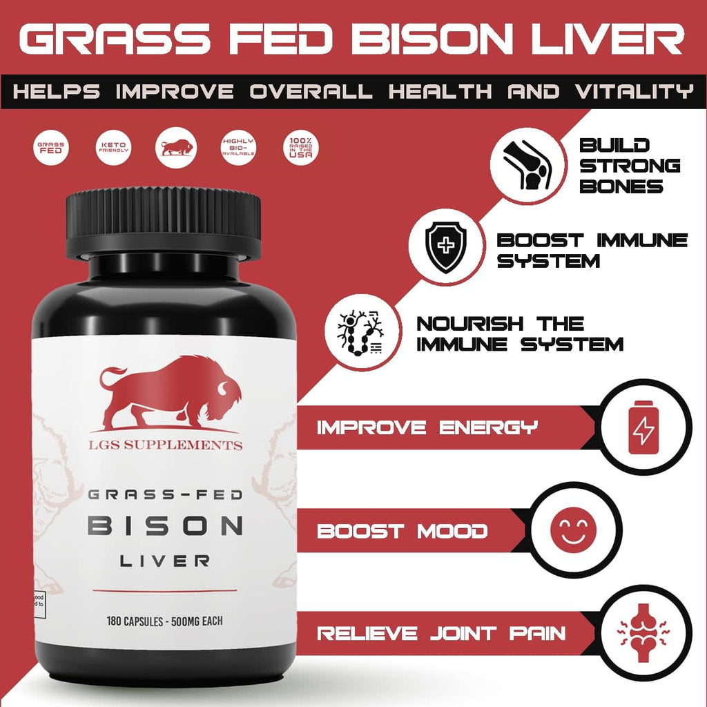 Grass Fed Bison Liver Capsules Supports Energy Production, Detoxification, Digestion, Immunity, Natural Iron Non-Gmo, Freeze Dried Liver Health Supplement, 3000Mg