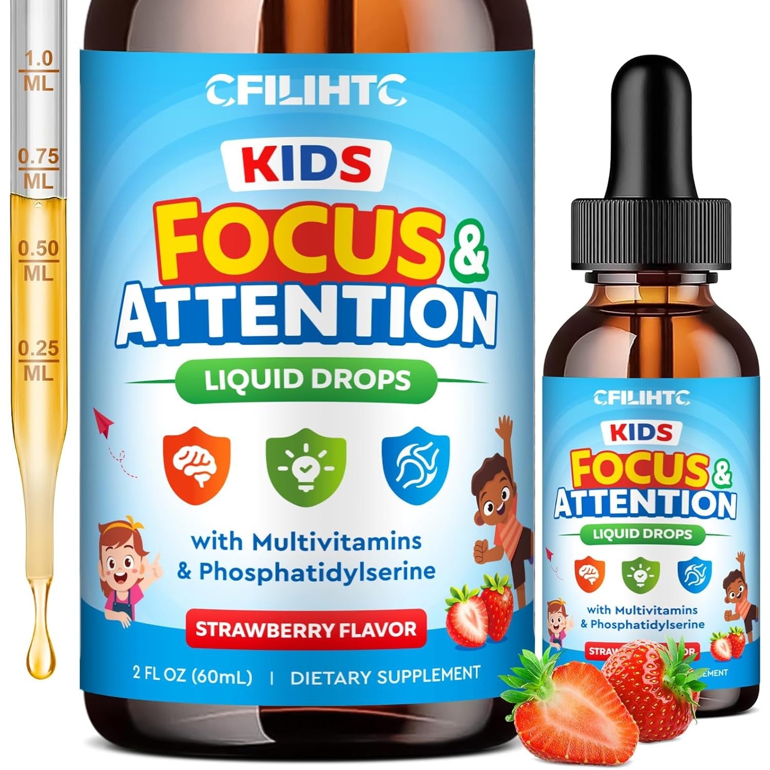 Kids Focus and Attention Supplements with Phosphatidylserine, Omega-3, Magnesium Glycinate & L-Theanine, Brain Vitamins Liquid Drops for Kids Memory, Cognitive, Sleep, Calm & Mood, Strawberry, 2 Fl Oz