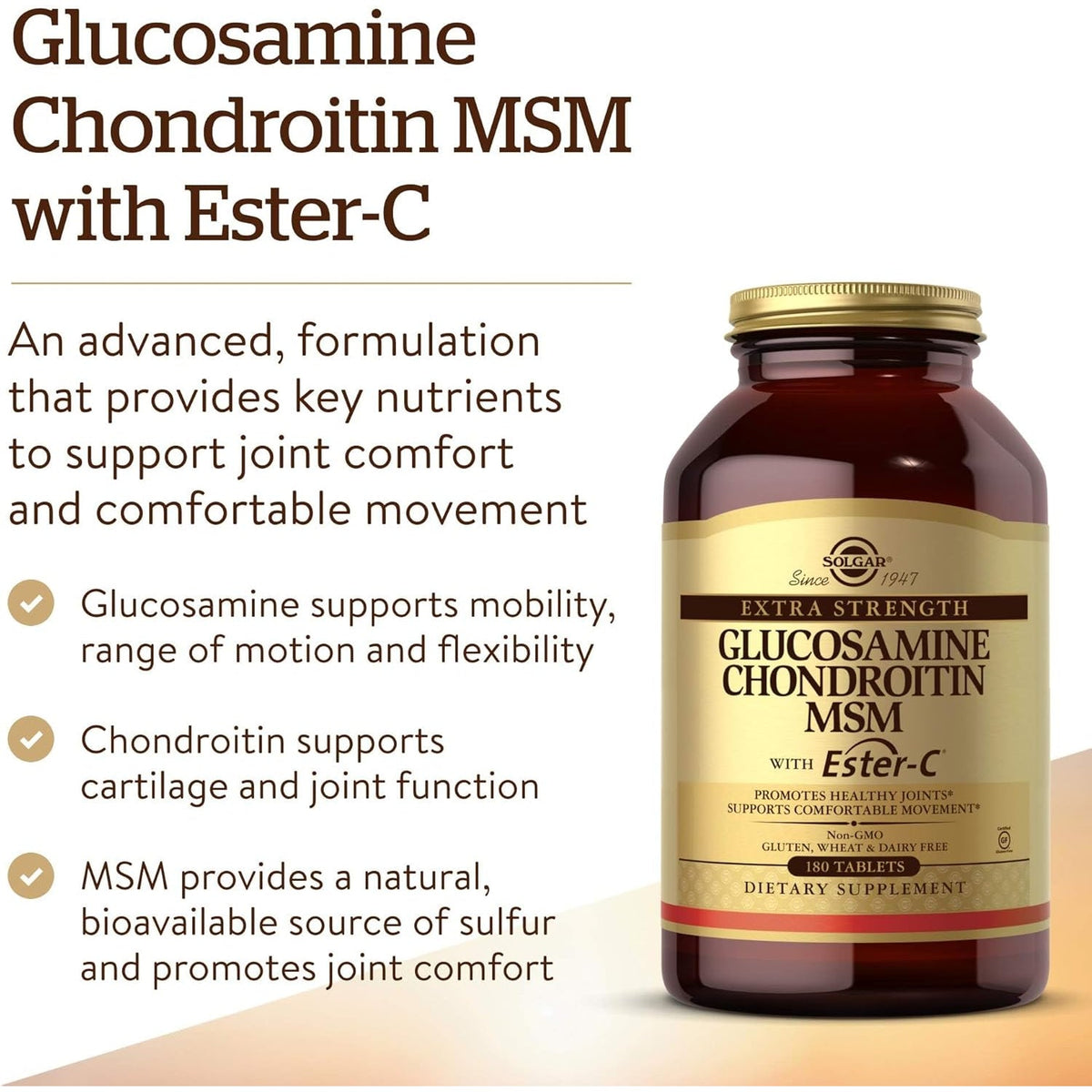 Solgar Extra Strength Glucosamine Chondroitin MSM W/Ester-C, 180 Tablets - Promotes Healthy Joints, Supports Comfortable Movement & Collagen Formation - Non-Gmo, Gluten No, Dairy No - 60 Servings