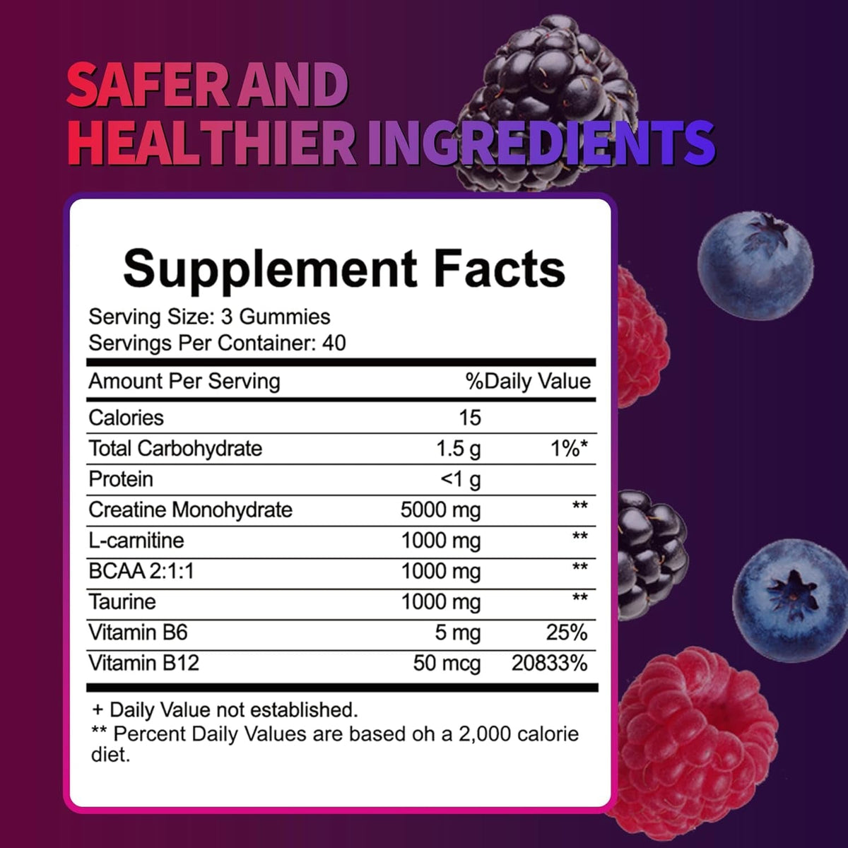 Creatine Monohydrate Gummies for Men & Women, Creatine Supplement for Enhanced Muscle Growth, Energy Boost - with L-Taurine, Sugar Free, Vegan, Raspberry Blackberry Blueberry Flavor-120 Count