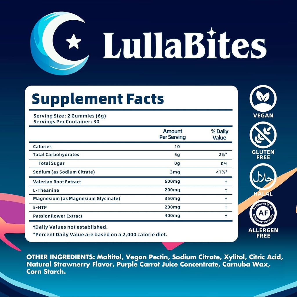 Lullabites - Natural Sleep Gummies - Made in USA - with 5-HTP, L-Theanine, Magnesium & Valerian Root - Melatonin Free - Vegan - Halal - Sugar, Gluten Free - Sweet Strawberry - 60 Gummies - 30 Servings