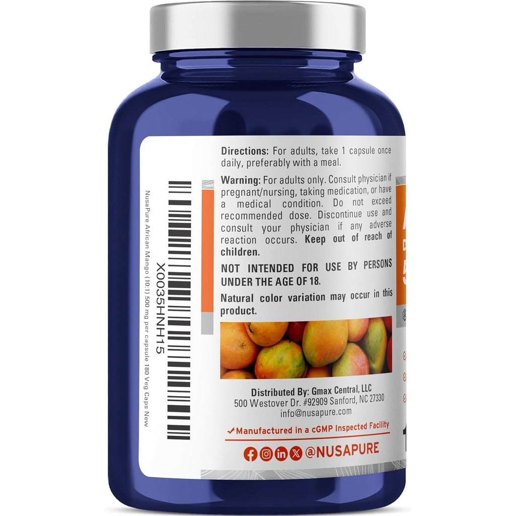 Nusapure African Mango, 500 Mg, 180 Veg Capsules (Non-Gmo, Vegan)