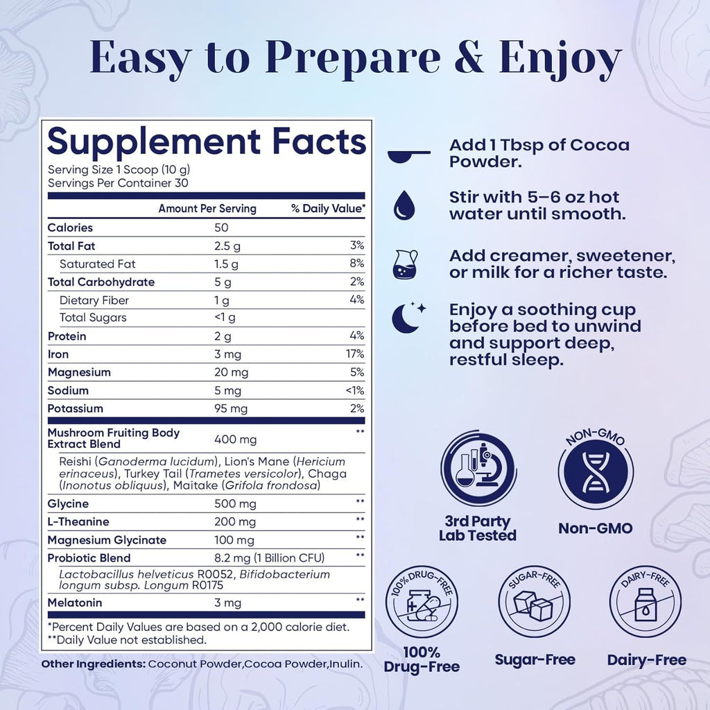 Mushroom Hot Cocoa Powder with Magnesium Glycinate, Natural Sleep Aid with Reishi & L-Theanine for Adults, 12 Superfoods, Melatonin 3Mg, Unsweetened Hot Chocolate Drink Mix for Sleep, 30 Servings