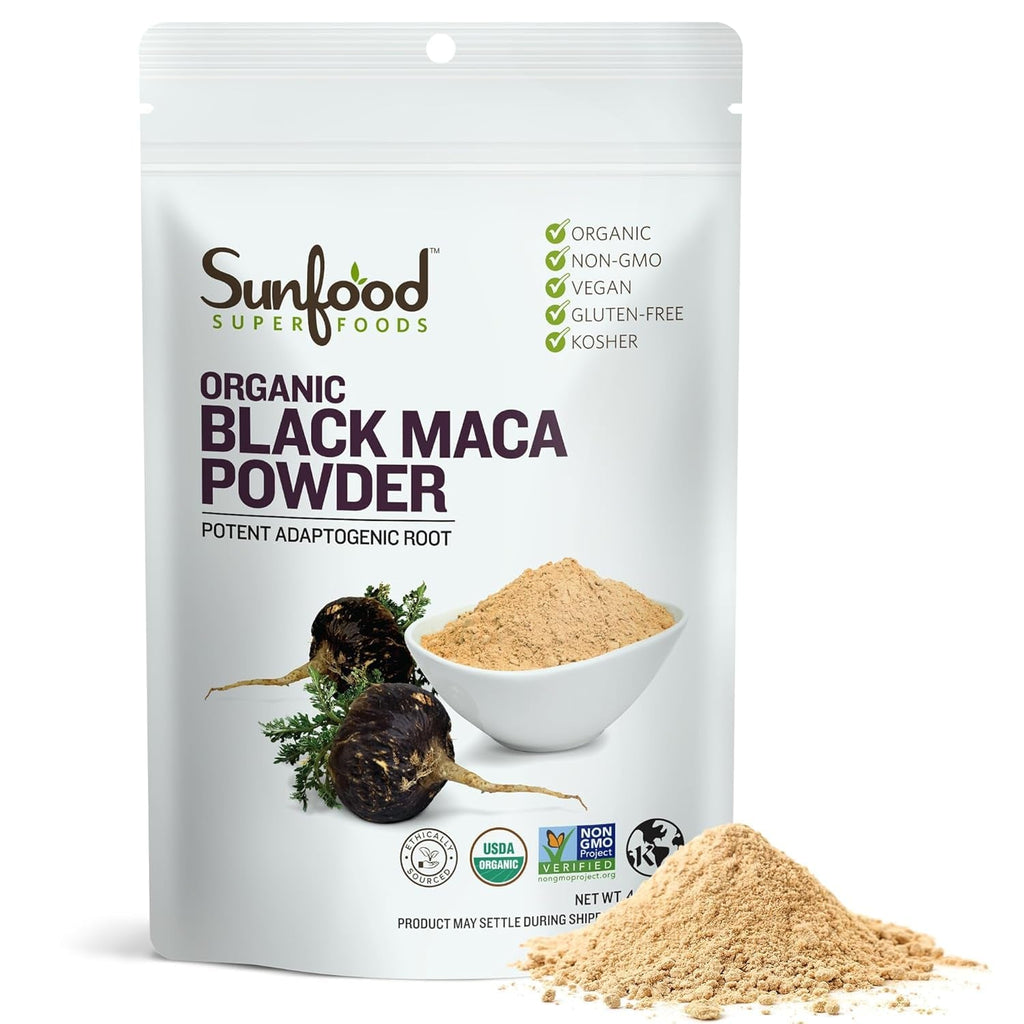 Sunfoods Superfoods Organic Black Maca Powder - Black Maca Root Powder, Black Maca Root for Men & Women, Peruvian, Raw, Vegan, Premium Black Maca Powder - 4 Oz Bag