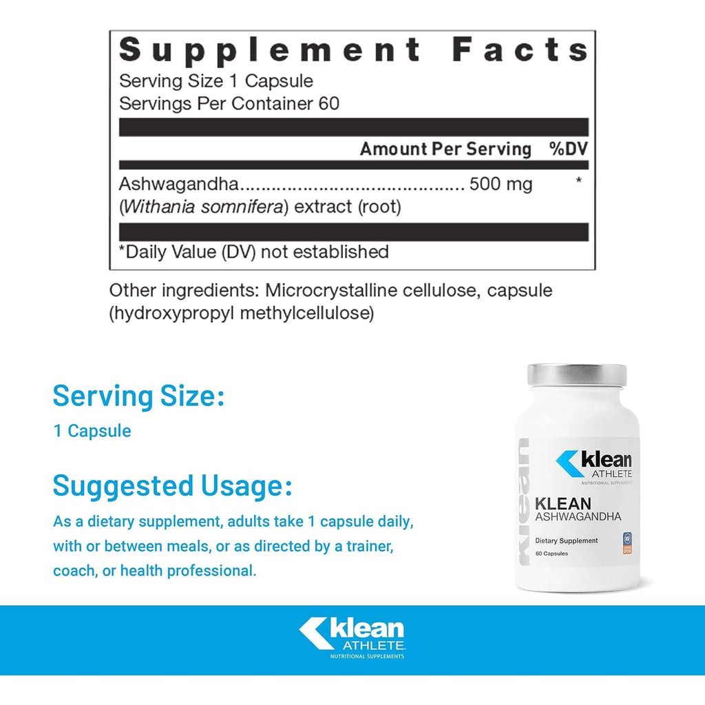 Klean Athlete Klean Ashwagandha - for Occasional Stress - Supports Adaptations to Training* - Adaptogen Blend - Vegan & Non GMO - 60 Capsules