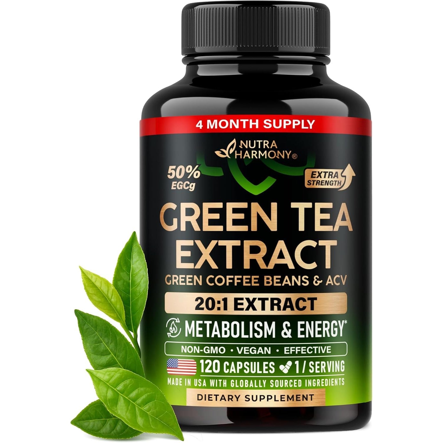 Green Tea Extract - 50% EGCG, Extra Strength 20:1 Extract - Natural Green Tea Supplement + Green Coffee Beans & Apple Cider Vinegar - Energy & Metabolism Support - for Men & Women - Vegan 120 Capsules