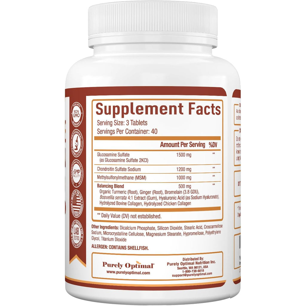 Purely Optimal Glucosamine Chondroitin MSM Supplement W/Turmeric & Boswellia - Glucosamine Sulfate Joint Supplement for Men & Women - 120 Tablets