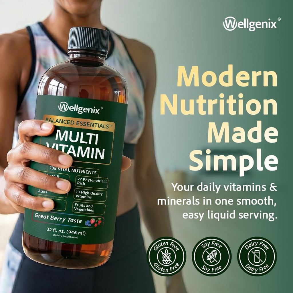 Wellgenix Balanced Essentials Liquid Multivitamin Dietary Supplement with Vitamins and Minerals – Berry Flavor – 32 Fl Oz